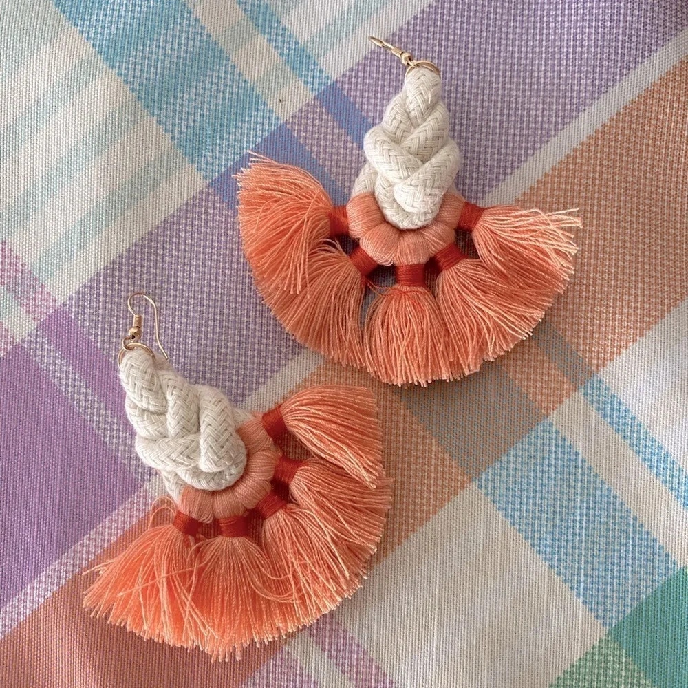Macrame Peach Tassel Earrings – Handmade Fringe Boho Statement Jewelry
